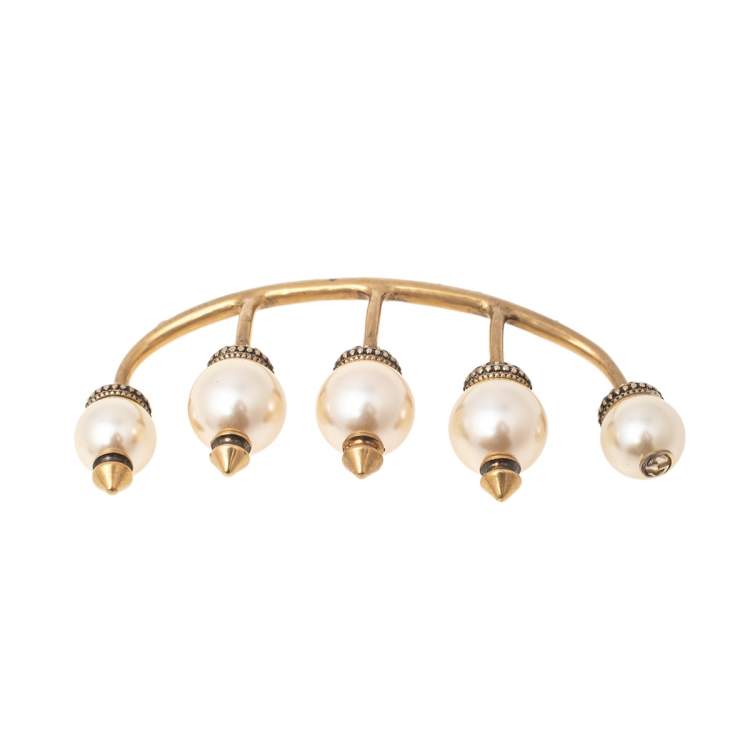 Pre Owned Gucci Faux Pearl Aged Gold Tone Multi Finger Ring 