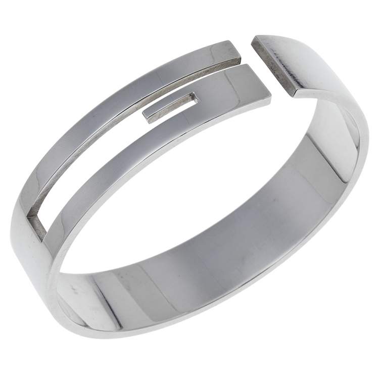 Pre Owned Gucci Sterling Silver Logo Detail Bangle Bracelet