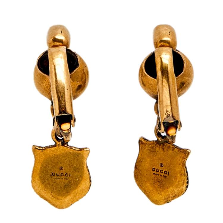 Pre Owned Gucci  GG Logo Pearl Feline Tiger Crystal Drop Dangle Earrings