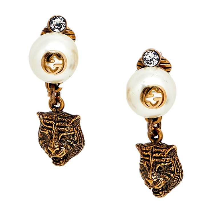 Pre Owned Gucci  GG Logo Pearl Feline Tiger Crystal Drop Dangle Earrings