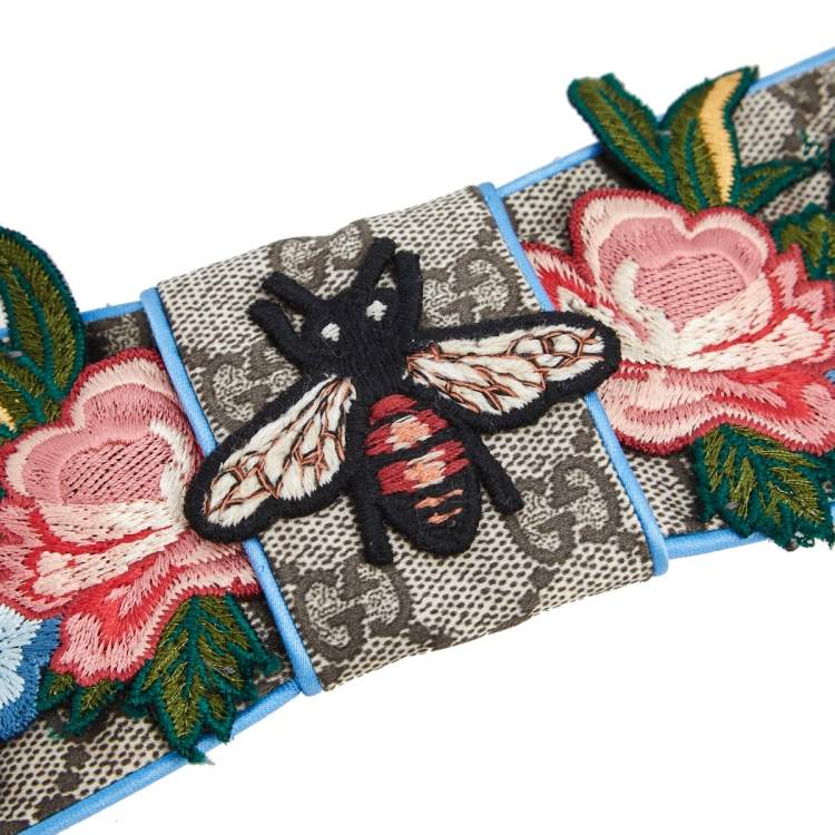Pre Owned Gucci Brown Guccissima Bee & Floral Appliqué Silk Headband 