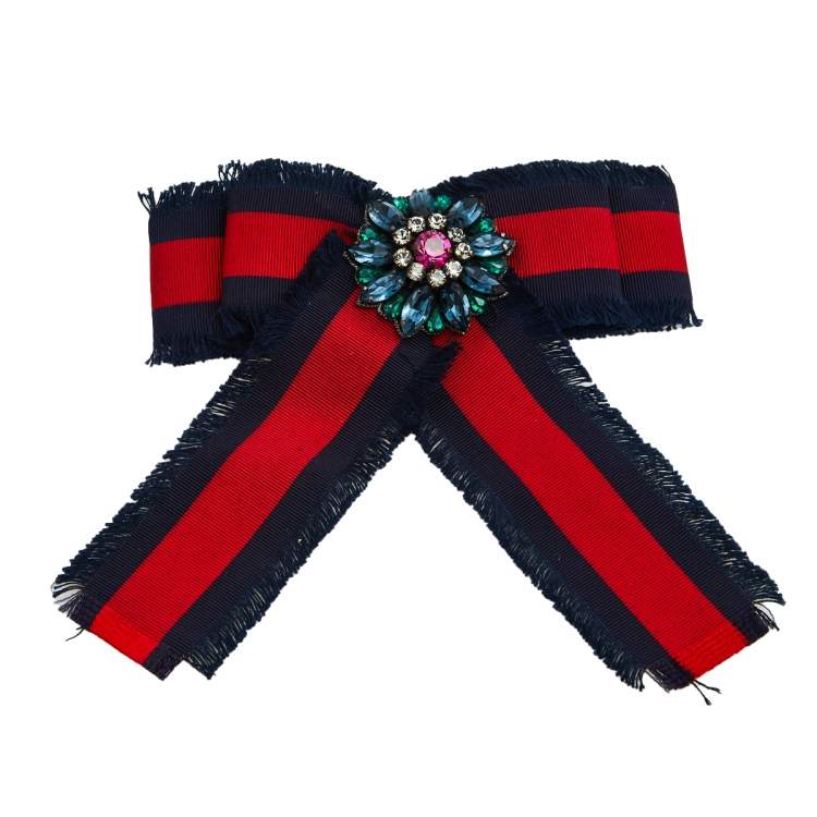 Gucci Blue & Red Web Crystal Grosgrain Bow Brooch Gucci | The Luxury Closet