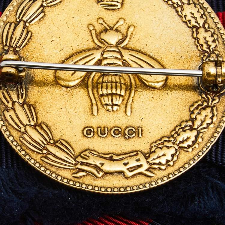 Pre Owned Gucci Blue & Red Web Crystal Grosgrain Bow Brooch