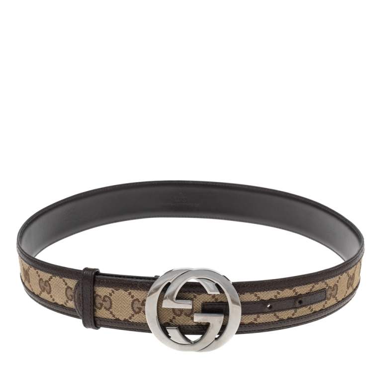 Gucci Brown/Beige GG Canvas and Leather Interlocking G Buckle Belt 85CM  Gucci | TLC