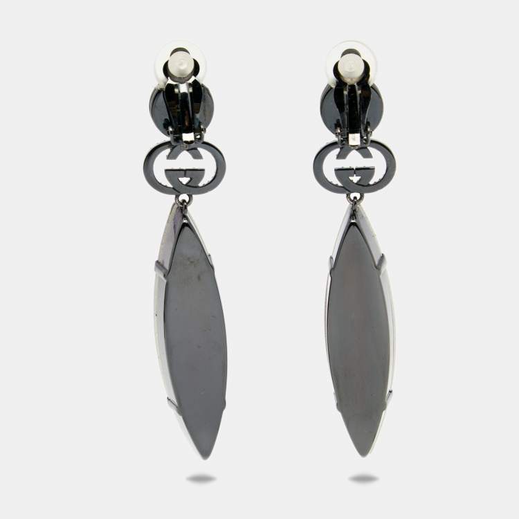 Pre Owned Gucci Black Tone Iridescent Crystal Drop Clip On Earrings