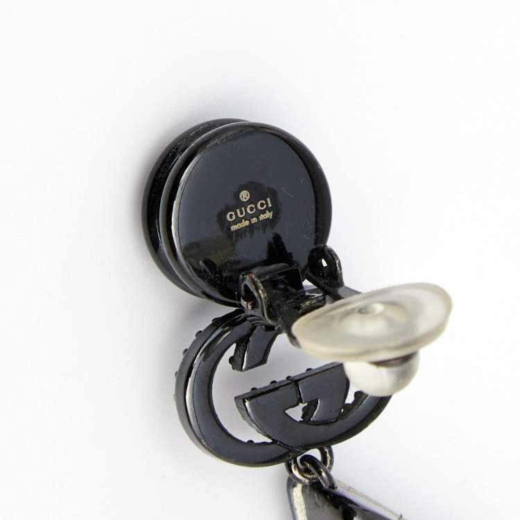 Pre Owned Gucci Black Tone Iridescent Crystal Drop Clip On Earrings