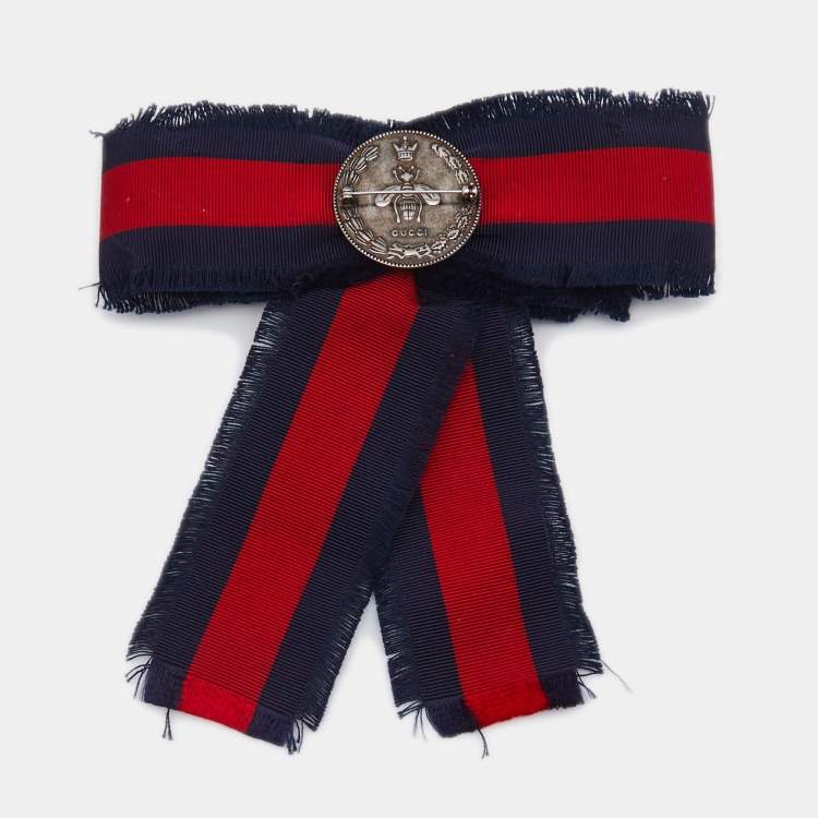 Pre Owned Gucci Blue and Red Crystal Web Grosgrain Bow Brooch
