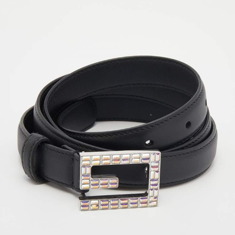 Gucci Black Leather Square G Crystal Madelyn Buckle Belt 90 CM Gucci The Luxury Closet