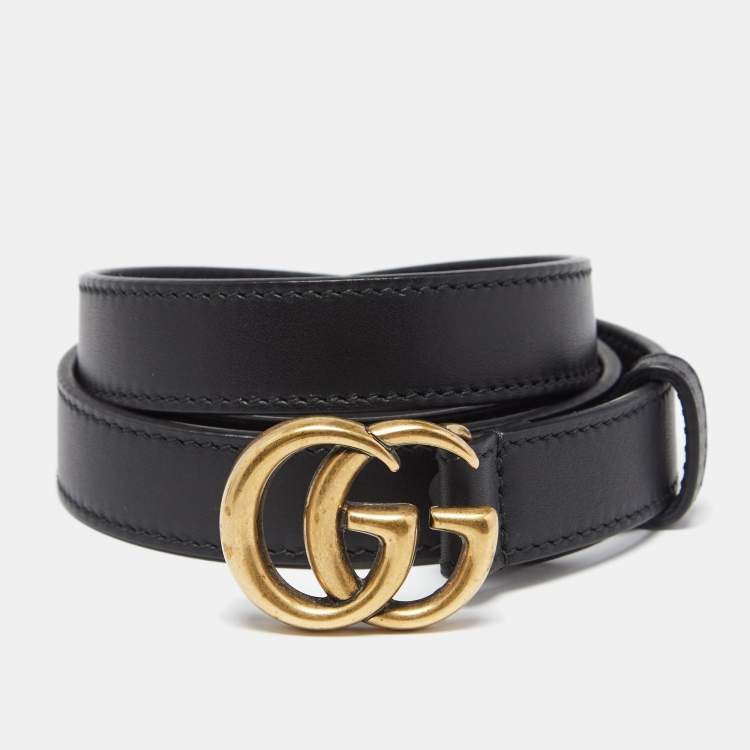 Women's Slim Black Leather Belt With Double G Buckle