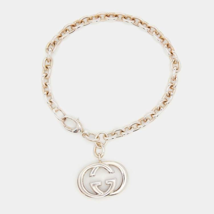 Pre Owned Gucci Interlocking Sterling Silver Link GG Charm Bracelet