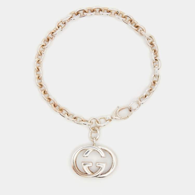 Pre Owned Gucci Interlocking Sterling Silver Link GG Charm Bracelet