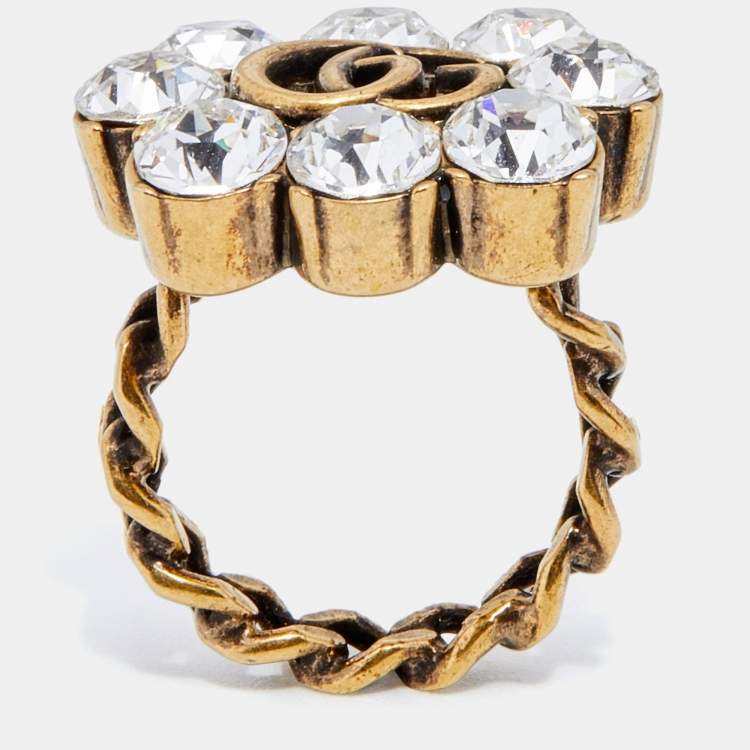 Pre Owned Gucci Double G Crystal Gold Tone Ring Size M