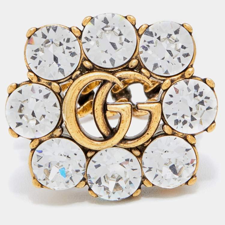 Pre Owned Gucci Double G Crystal Gold Tone Ring Size M