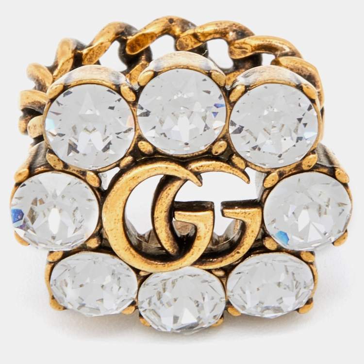Pre Owned Gucci Double G Crystal Gold Tone Ring Size M