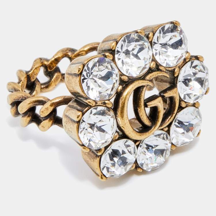 Pre Owned Gucci Double G Crystal Gold Tone Ring Size M