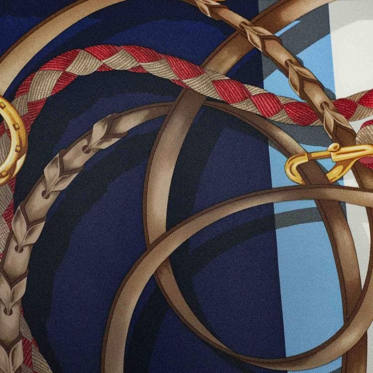 Pre Owned Gucci Blue & White Stirrup Logo Print Silk Scarf