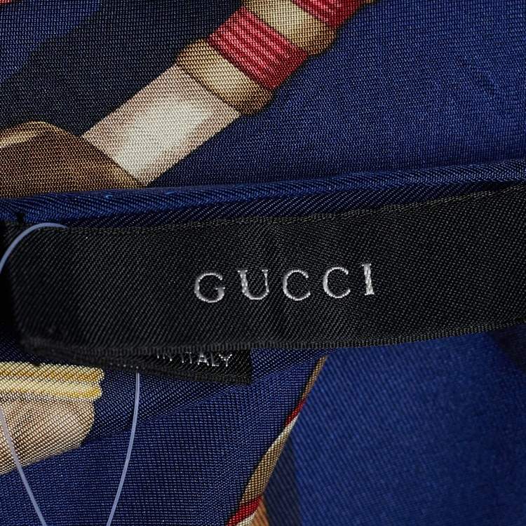 Pre Owned Gucci Blue & White Stirrup Logo Print Silk Scarf
