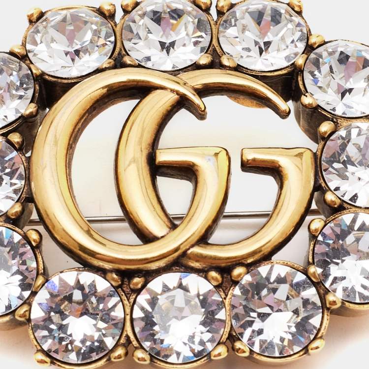Gucci Aged Gold Tone Crystal Double G Pin Brooch Gucci