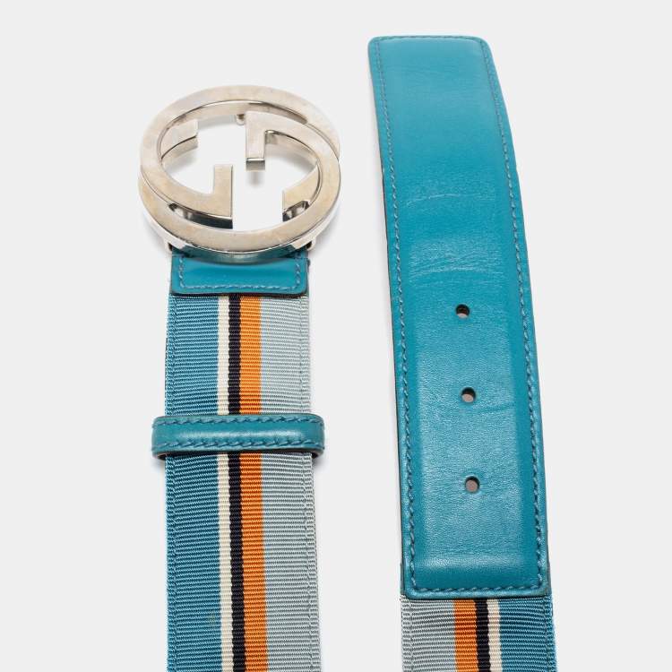 Gucci Blue Striped Canvas and Leather Interlocking G Buckle Belt 85 CM Gucci