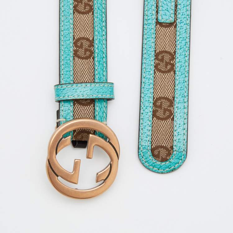 Pre Owned Gucci Beige/Turquoise Blue GG Canvas And Leather Interlocking G Buckle Belt 85 CM