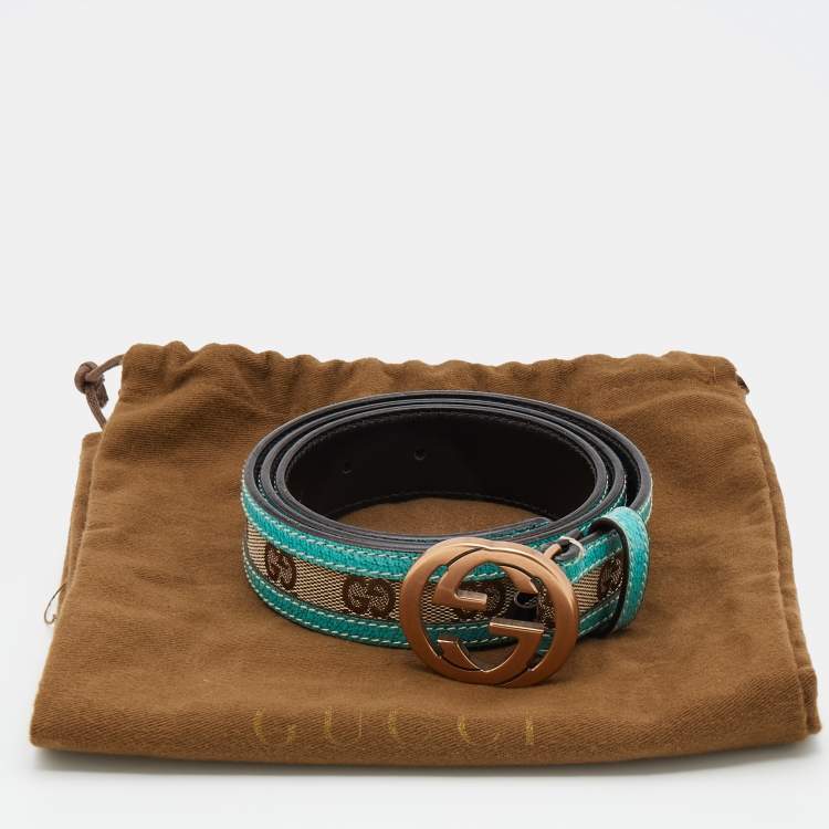 Pre Owned Gucci Beige/Turquoise Blue GG Canvas And Leather Interlocking G Buckle Belt 85 CM