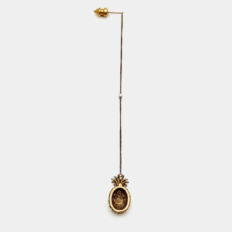 Pre Owned Gucci Aged Gold Tone Crystal Pineapple Drop Long Chain Earring