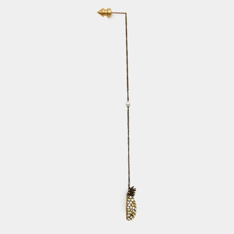 Pre Owned Gucci Aged Gold Tone Crystal Pineapple Drop Long Chain Earring