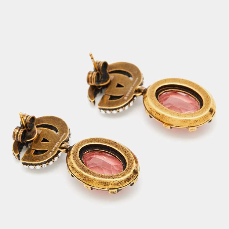 Pre Owned Gucci Gold Tone GG Crystal Drop Earrings