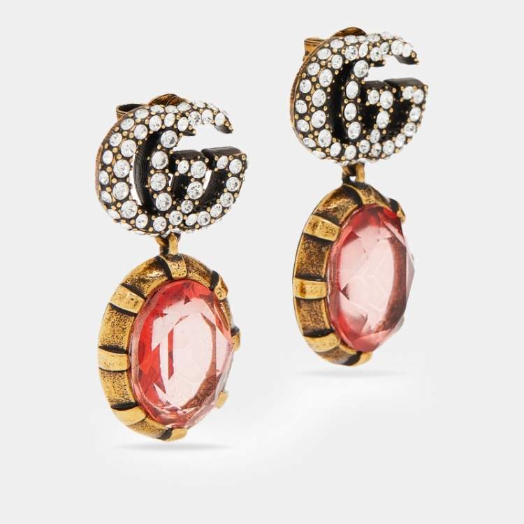 Pre Owned Gucci Gold Tone GG Crystal Drop Earrings
