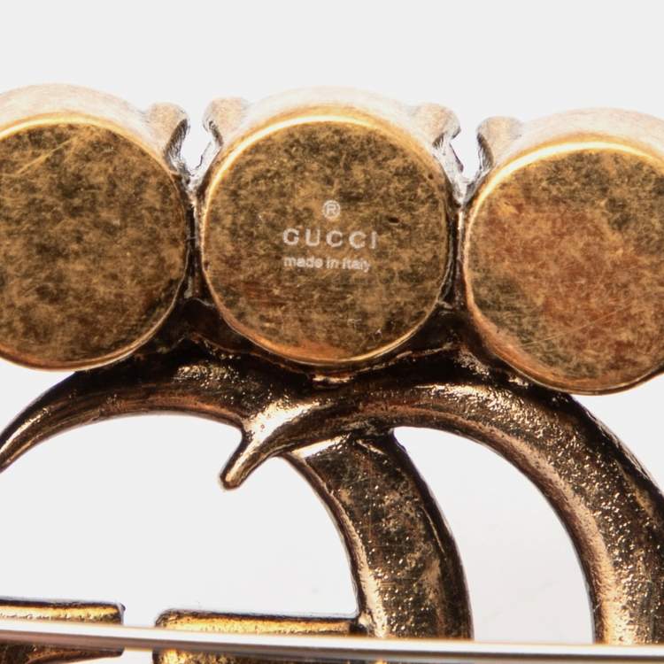 Pre Owned Gucci Aged Gold Tone Crystal Double G Pin Brooch 