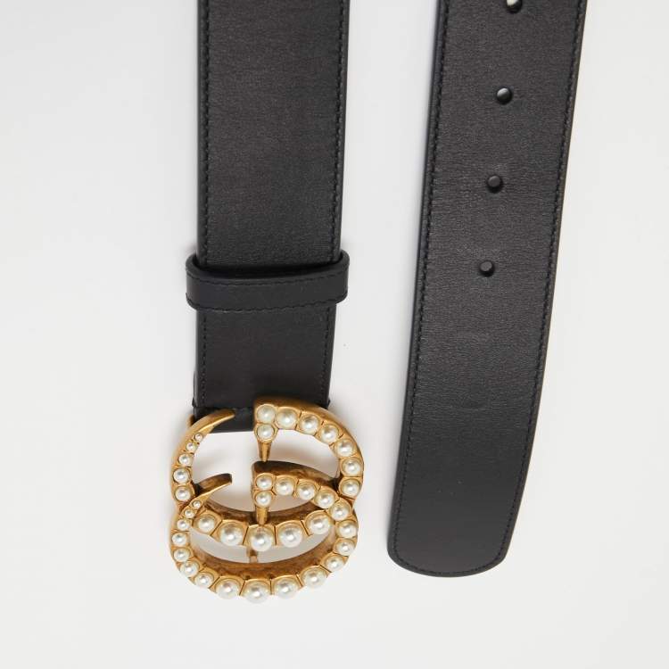 Black Leather Belt With Pearl Double G Buckle