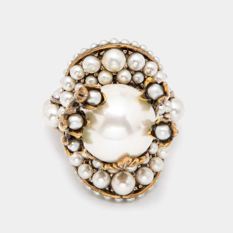 Louis Vuitton Speedy Faux Pearls Gold Tone Metal Ring Size 53 For