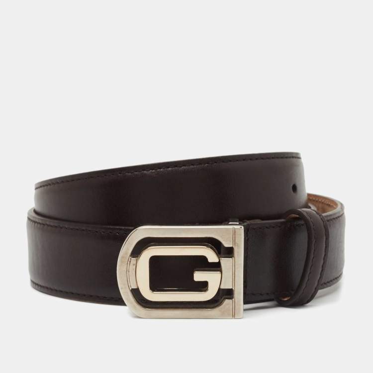 Pre Owned Gucci Dark Brown Leather G Buckle Belt 85CM
