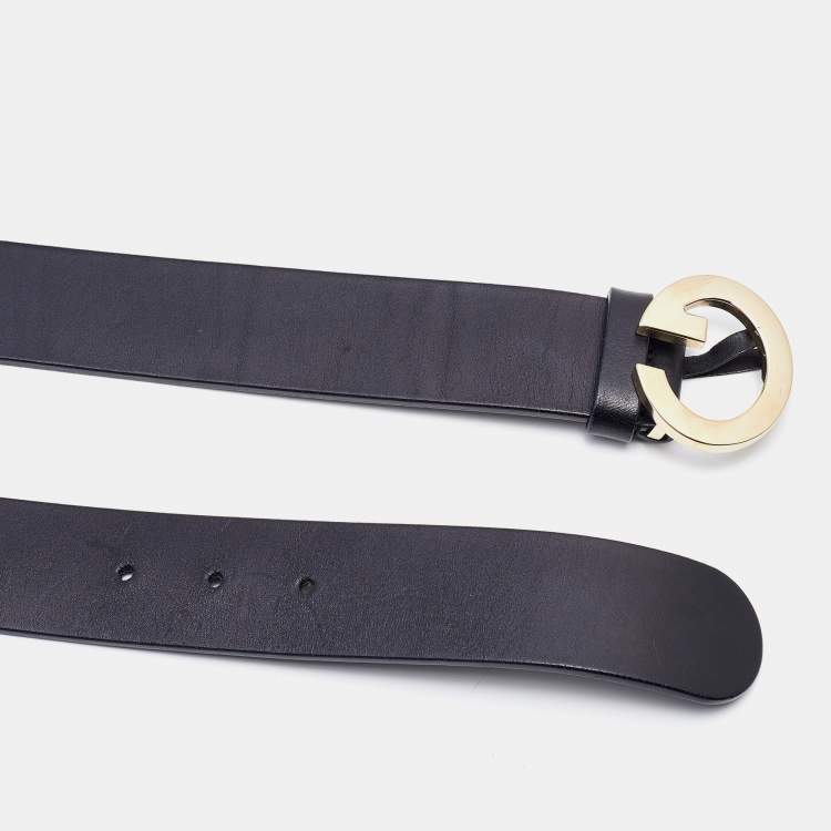 Pre Owned Gucci Black Leather G Logo Buckle Belt 80 CM