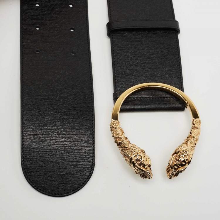 Pre Owned Gucci Black Leather Tiger Head Wide Belt 70CM