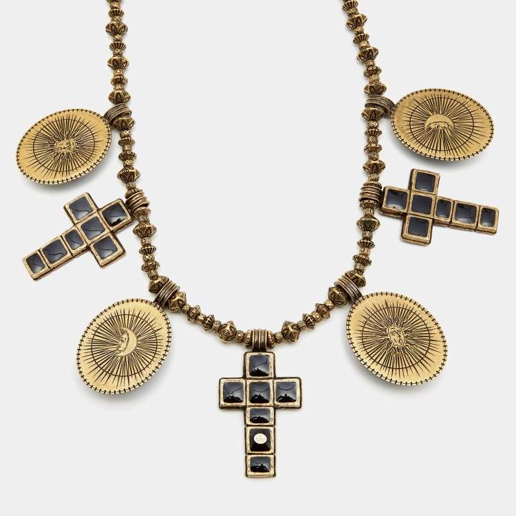 Pre Owned Gucci Aged Scarab and Cross Charms Gold Tone Necklace