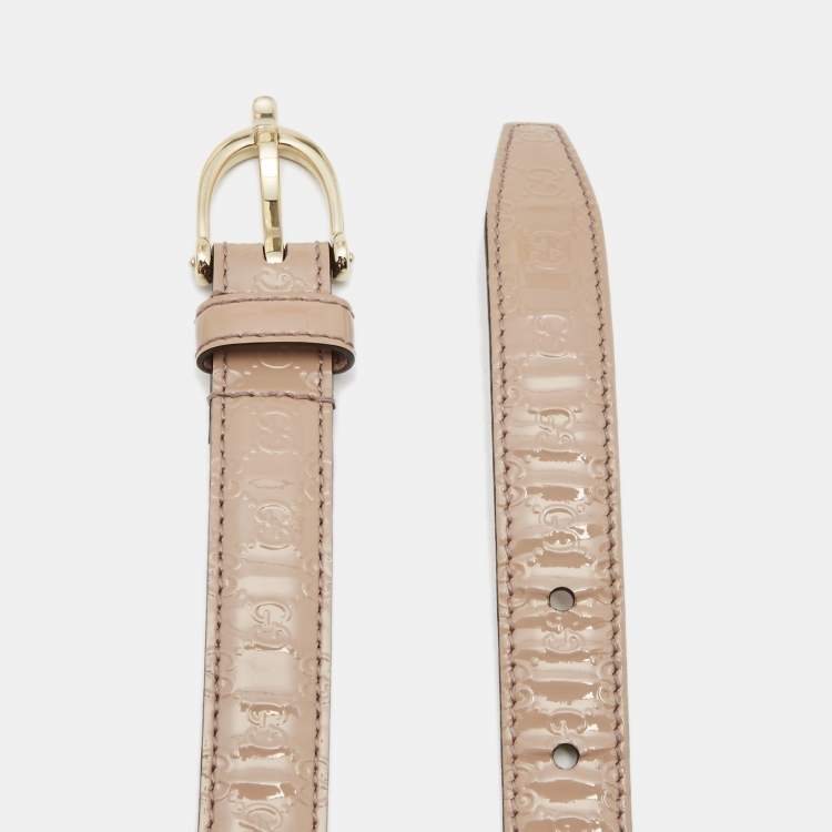 Pre Owned Gucci Beige Guccissima Patent Leather Buckle Slim Belt 85CM