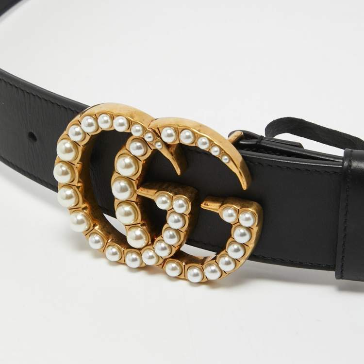 Pre Owned Gucci Black Leather Double G Pearl Embellished Buckle Belt 80CM