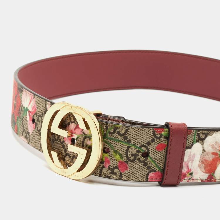 Gucci Beige/Pink GG Supreme Blooms Print Canvas Interlocking G Buckle Belt  75CM Gucci