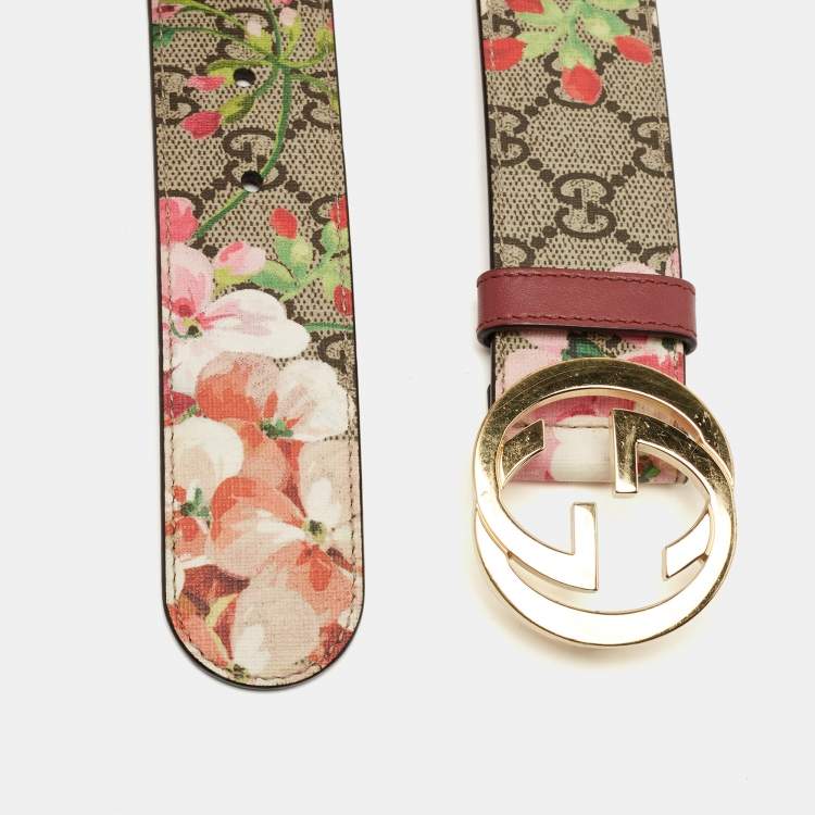 Pre Owned Gucci Beige/Pink GG Supreme Blooms Print Canvas Interlocking G Buckle Belt 75CM