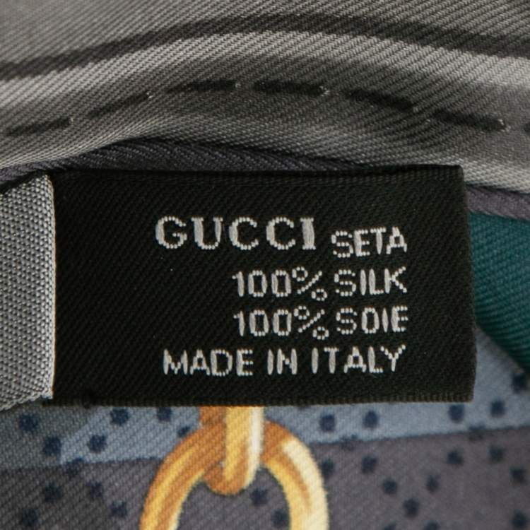 Pre Owned Gucci Teal & Grey Horsebit Print Silk Scarf