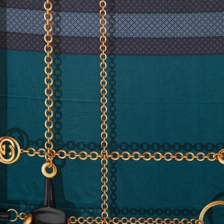 Pre Owned Gucci Teal & Grey Horsebit Print Silk Scarf