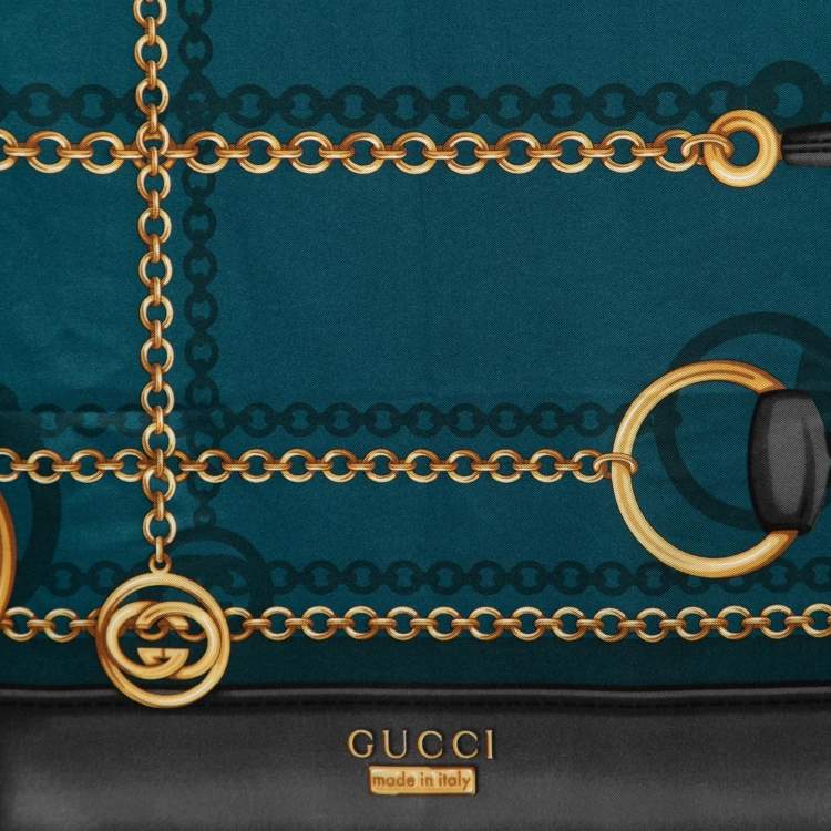 Pre Owned Gucci Teal & Grey Horsebit Print Silk Scarf