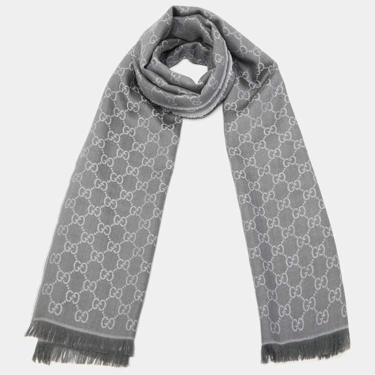 Pre Owned Gucci Grey Guccissima Jacquard Striped Wool & Silk Stole