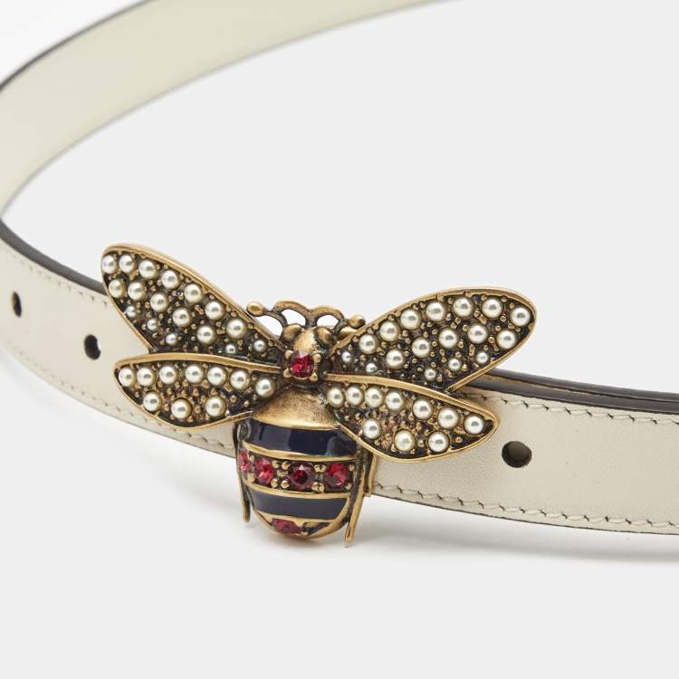 Pre Owned Gucci White Leather Queen Margaret Slim Belt 80CM