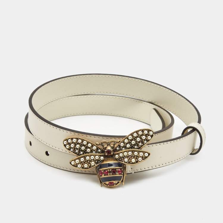 Pre Owned Gucci White Leather Queen Margaret Slim Belt 80CM
