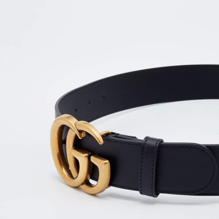 Pre Owned Gucci Black Leather GG Marmont Buckle Belt 80CM