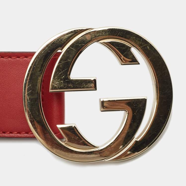 Pre Owned Gucci Red Web Canvas and Leather Interlocking G Belt 90CM