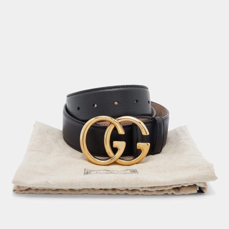 Pre Owned Gucci Black Leather Double G Buckle Belt 80CM