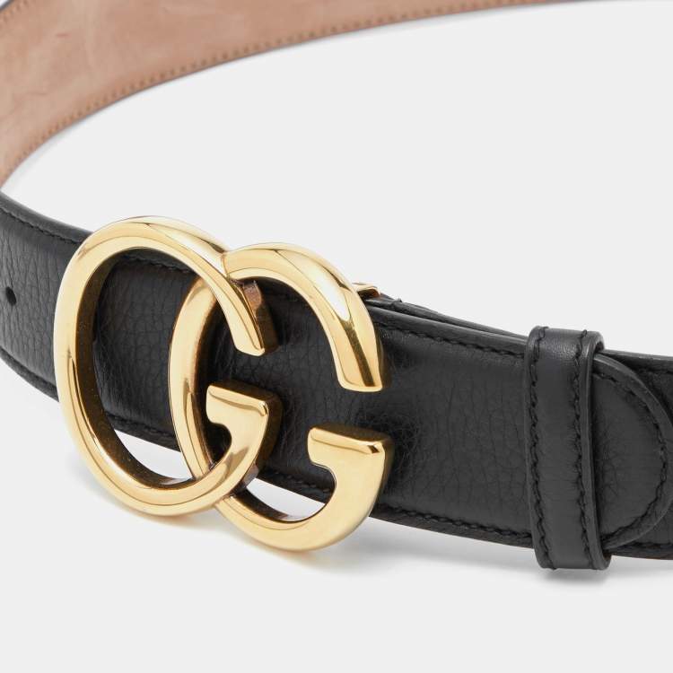Pre Owned Gucci Black Leather Double G Buckle Belt 80CM
